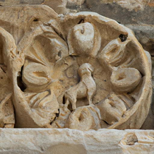 A detailed close-up of intricate carvings found in the ancient city of Caesarea